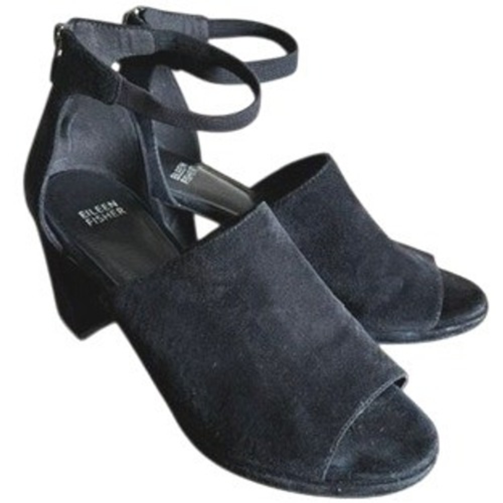 Eileen Fisher Size 10 Black Suede Ankle Strap Block Heel Peep Toe Sandals Luxury
